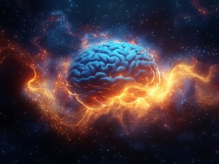Vibrant Brain Illustration Surrounded by Cosmic Flames and Stars, 3d illustrative design