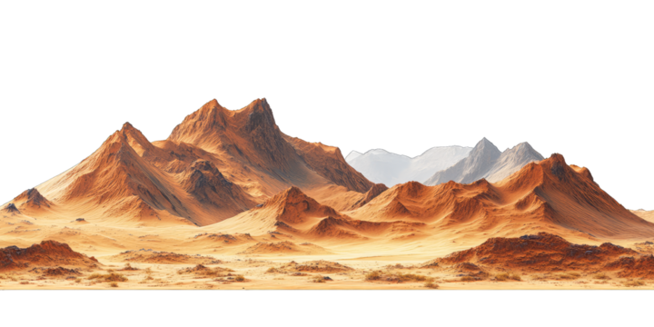 Mars-like desert landscapes with golden orange mountains and sand dunes, cut out. Extraterrestrial terrain visualization for science fiction and space concepts.Dramatic 3D rendered environment with ba