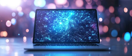 Close-up view of holographic data visualization in futuristic laptop workspaces