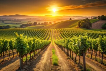 Naklejka premium Golden Hour Vineyard Rows at Sunset Serene Pathway Through Lush Green Vines Leading to a Breathtaking Horizon