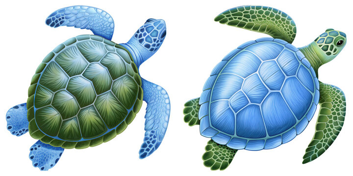 Two colorful turtles swimming side by side against a black background.
