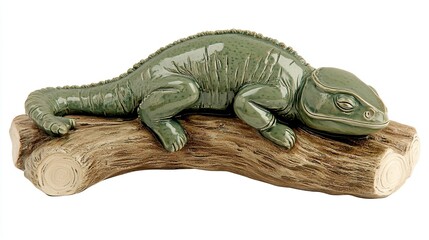 Naklejka premium Ceramic chameleon figurine on branch, white background, home decor