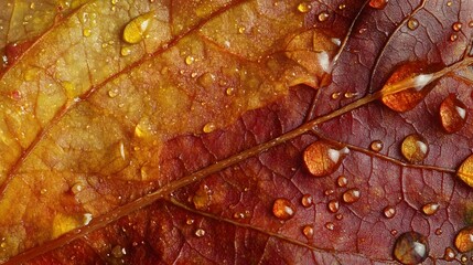 Fototapeta premium Close-Up of Water Droplets Clinging to the Surface of Colorful Autumn Leaves