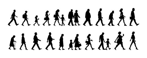 vector illustration. silhouettes of people walking along the street. Large set of characters of different ages.	
