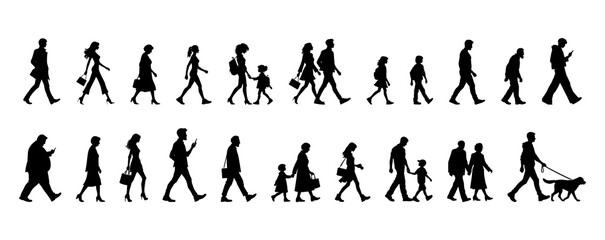vector illustration. silhouettes of people walking along the street. Large set of characters of different ages.	
