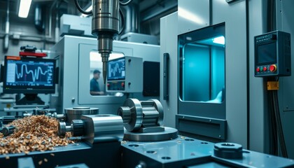 Fototapeta premium Cnc Machine Manufacturing Metal Parts in Modern Industrial Workshop Environment