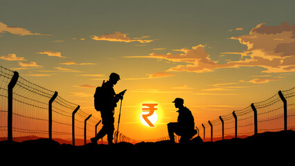 Defense Budget Allocation Concept – Silhouetted Soldiers at Border Fence with Rupee Currency Symbol at Sunset