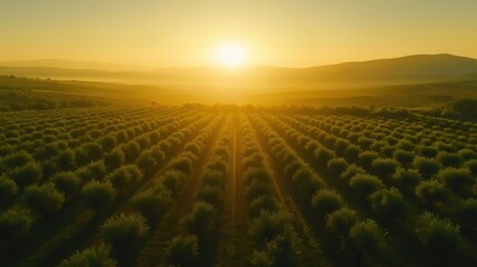 Golden sunrise illuminating olive tree plantation: aerial view of agricultural landscape
