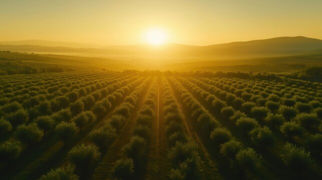 Golden sunrise illuminating olive tree plantation: aerial view of agricultural landscape - Powered by Adobe