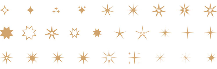 Golden Star Icons Set Featuring Various Shapes and Designs on White Background