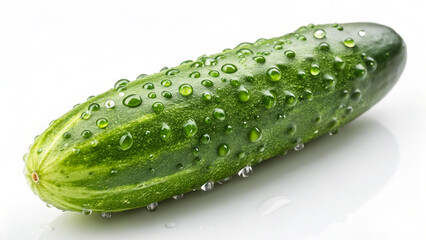 Fresh Green Cucumber with Dew Drops on White Background – Clean and Healthy