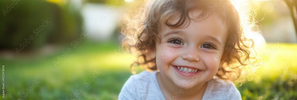 Poster smiling child enjoys a sunny day in the park surrounded by green grass and natural light