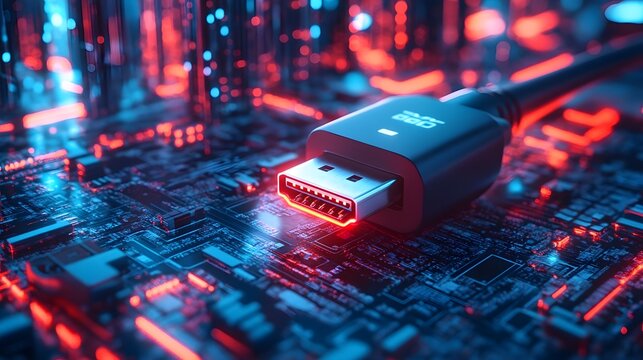 Futuristic USB Connection in a Cityscape Landscape