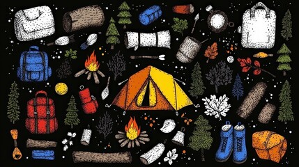 Obraz premium Camping Hiking Adventure Illustrated Tent Campfire Backpacks Boots