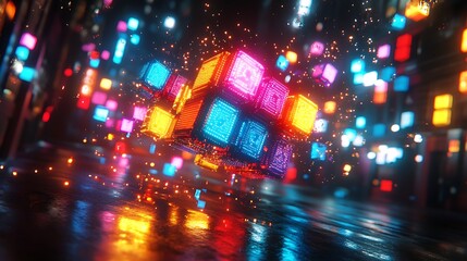 Vibrant Cityscape at Night with Blurred Lights and Reflections with floating colorful cubes on the street background graphical design
