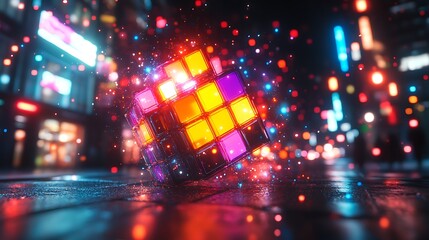 Vibrant Cityscape at Night with Blurred Lights and Reflections with floating colorful cubes on the street background graphical design