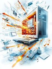 Dynamic computer system explosion digital environment 3d render futuristic viewpoint technology concept