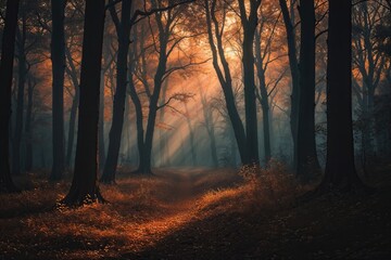Luminous Autumn Forest with Eerie Shadows and Enchanting Atmosphere