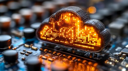 Obraz premium Cloud Computing Technology Illuminated on Electronic Circuit Board, 3d high tech design on digital board