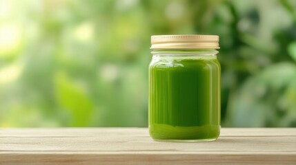 A healthy green smoothie in a jar showcasing fresh ingredients and a vibrant color against a natural background