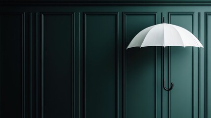 Elegant White Umbrella Hanging Against a Dark Green Panelled Wall: A Study in Contrast and Minimalism