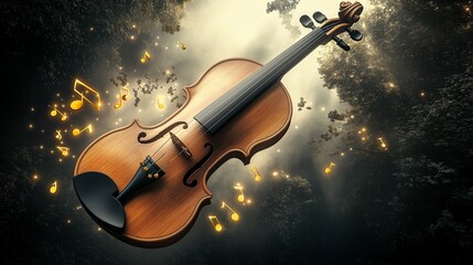 Fototapeta premium A beautiful wooden violin, floating gracefully in a misty enchanted forest, with golden music notes flowing from its strings. The soft morning light adds a mystical touch, highlighting .