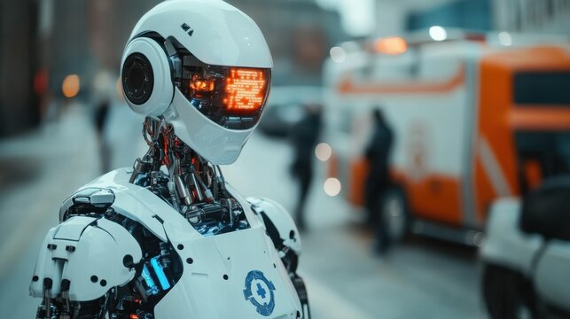 Digital art of ai paramedic robot assisting in urban emergency response - futuristic close-up