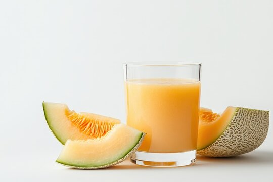 Freshly squeezed melon juice with pieces of ripe melon fruit shown