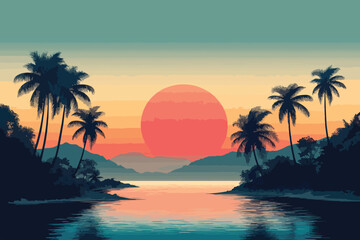palm, tree, silhouette, evening, paradise, illustration, palms, sundown