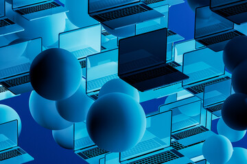 Tech backdrop with laptops and abstract spheres