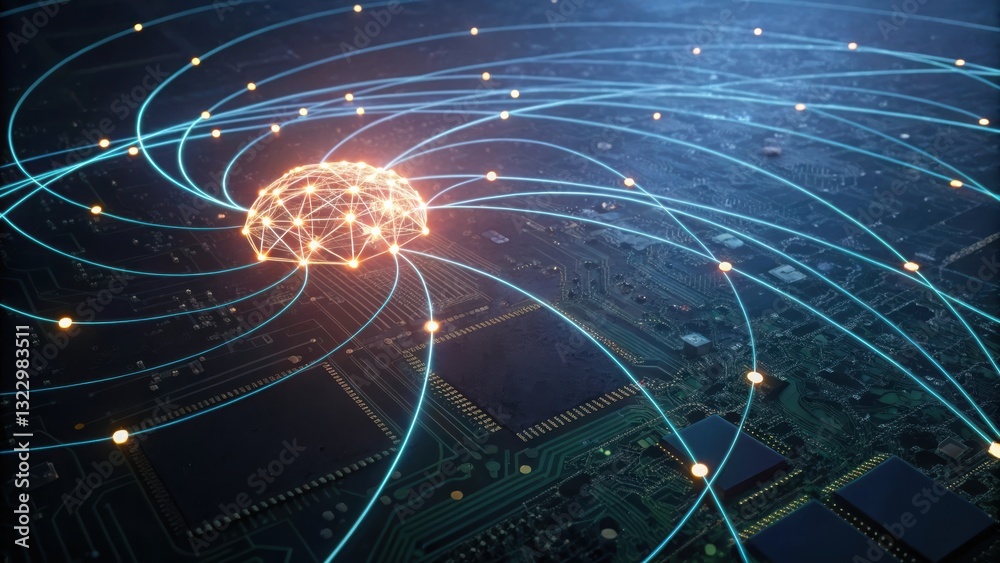Aufkleber circuit board with many wires interconnected in a glowing artificial intelligence neural network des