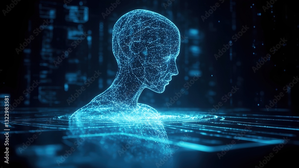 Poster a person head surrounded by a network of lines and light representing ai-powered algorithm flow