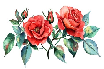 Watercolor sketch vibrant red roses with lush green leaves