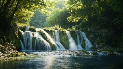 Enchanting hidden waterfall cascading gently into tranquil river amid lush foliage