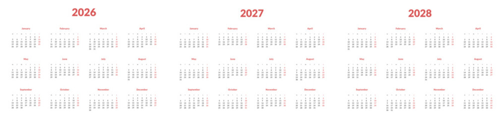 Set of annual Calendar Templates 2026, 2027, 2028. Vector layout of wall or desk simple calendar with week start on Monday. Weekends highlighted in red. Page A4- 21x29.7 cm in Minimal style for print