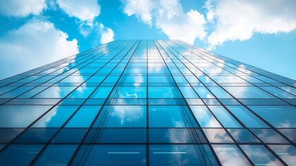 Modern Glass Building with Blue Sky and Floating Clouds in Urban Setting