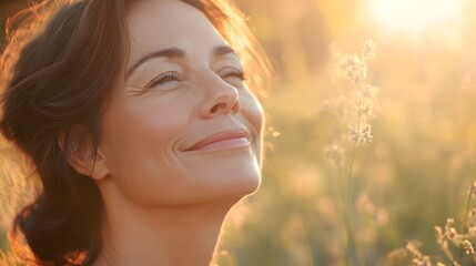 Fototapeta premium Middle-Aged Woman with a Gentle Smile Radiating Joy in a Sunlit Field of Wildflowers