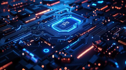 Obraz premium Futuristic electric blue circuit board pattern, showcasing intricate technology details and digital connectivity in a modern high-tech style.