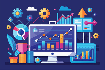 Obraz premium A computer displays dynamic graphs and charts for stock market analysis against a blue background, Stock market analysis trending