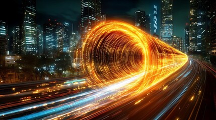 Obraz premium Futuristic Digital Speed Trail Light Effect in Cityscape Background