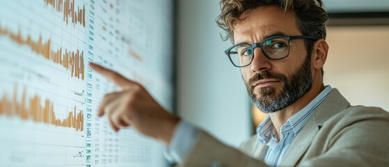 Business analyst presenting data insights office professional setting indoor close-up analysis