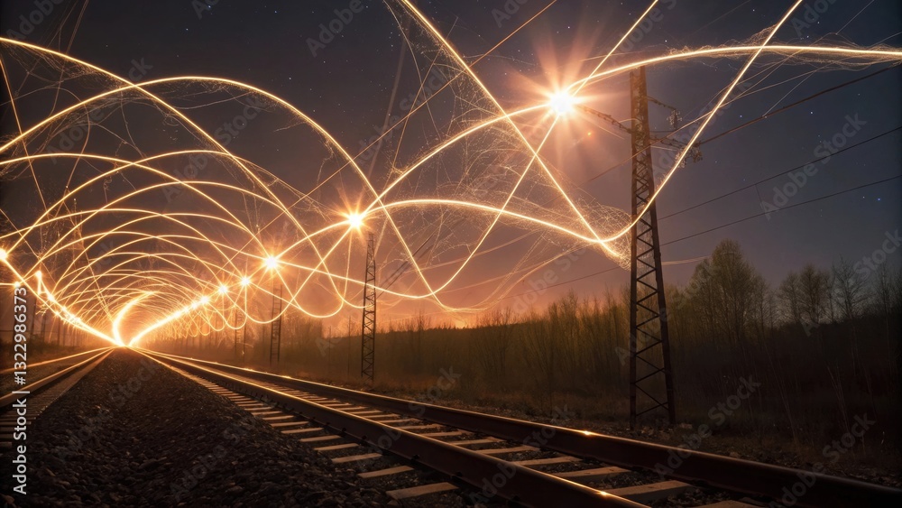 Poster captivating train track scene with light trails creating a dynamic movement effect