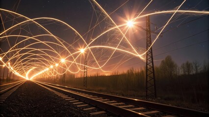 Captivating train track scene with light trails creating a dynamic movement effect