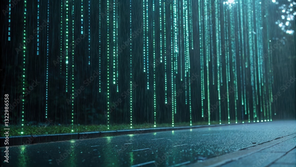Poster captivating rain shower scene with dynamic binary codes falling in a mesmerizing stream
