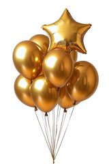 Gold foil star and round balloons, cut out. Shiny metallic celebration balloons in various arrangements, Party decoration elements for birthdays, anniversaries and festive events