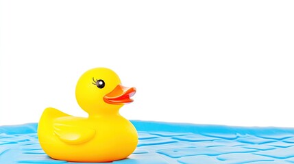 Yellow rubber ducky floating on blue, isolated