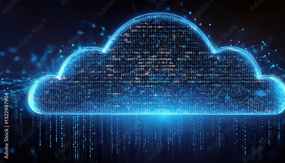 Poster cloud with binary symbols floating in a digital space representing data cloud computing visualizatio