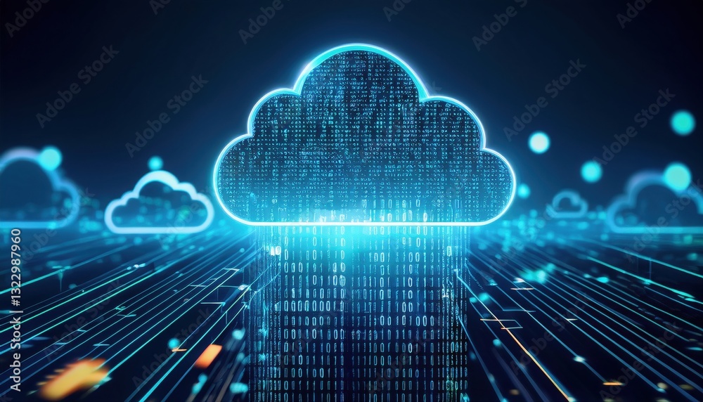 Poster cloud with binary symbols representing data structures in a digital environment and cloud computing