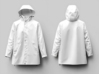 White raincoat mockup, front and back view isolated, oversized jacket for rainy protection