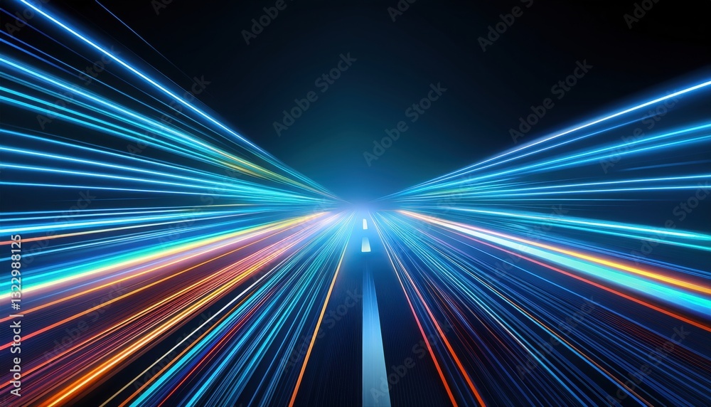 Poster dynamic tunnel with light streaks representing high-speed data transfer in a digital environment